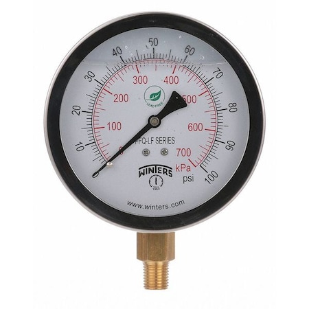 Lead-Free Pressure Gauge, 0 to 100 psi, 4 in Dial, 1/4 in NPT, Bottom Location MPN:PFQ711LF