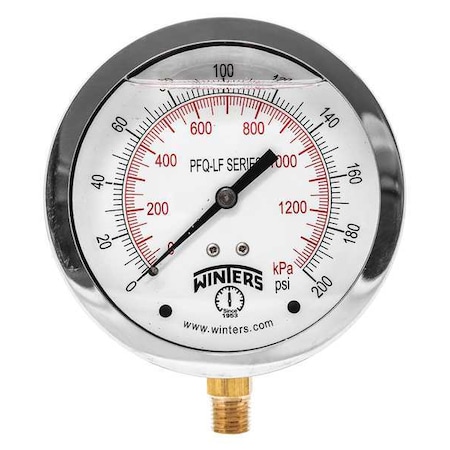 Lead-Free Pressure Gauge, 0 to 200 psi, 4 in Dial, 1/4 in NPT, Bottom Location MPN:PFQ713LF
