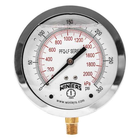 Lead-Free Pressure Gauge, 0 to 300 psi, 4 in Dial, 1/4 in NPT, Bottom Location MPN:PFQ714LF