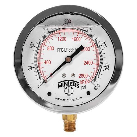 Lead-Free Pressure Gauge, 0 to 400 psi, 4 in Dial, 1/4 in NPT, Bottom Location MPN:PFQ715LF