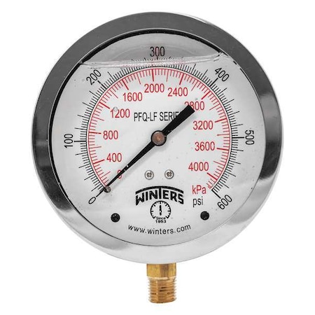 Lead-Free Pressure Gauge, 0 to 600 psi, 4 in Dial, 1/4 in NPT, Bottom Location MPN:PFQ716LF