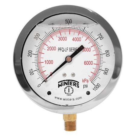 Lead-Free Pressure Gauge, 0 to 1, 000 psi, 4 in Dial, 1/4 in NPT, Bottom Location MPN:PFQ724LF