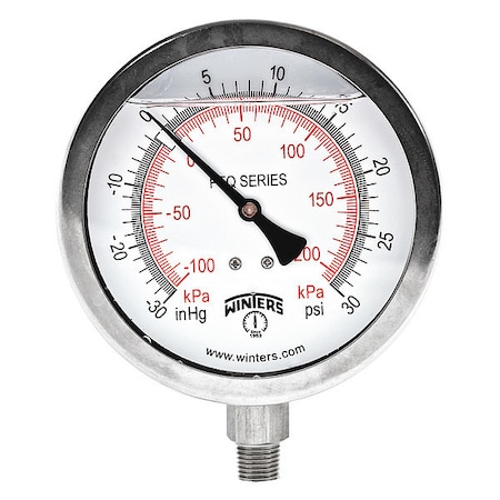 Industrial Compound Gauge, 30 to 0 to 30 psi, 4 in Dial, 1/4 in NPT, Bottom Location MPN:PFQ762-DRY