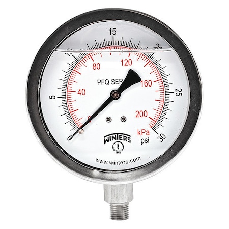 Industrial Pressure Gauge, 0 to 30 psi, 4 in Dial, 1/4 in NPT, Bottom Location MPN:PFQ769-DRY
