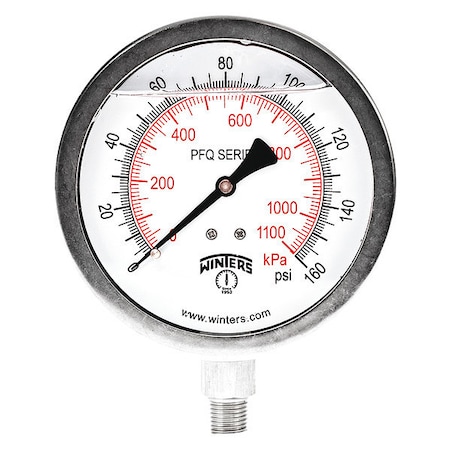 Industrial Pressure Gauge, 0 to 160 psi, 4 in Dial, 1/4 in NPT, Bottom Location MPN:PFQ772-DRY