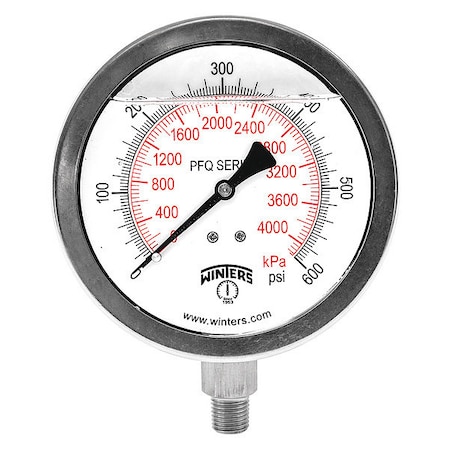 Industrial Pressure Gauge, 0 to 600 psi, 4 in Dial, 1/4 in NPT, Bottom Location MPN:PFQ776-DRY