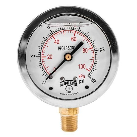 Lead-Free Pressure Gauge, 0 to 15 psi, 2 1/2 in Dial, 1/4 in NPT, Bottom Location MPN:PFQ800LF
