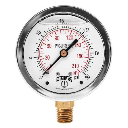 Lead-Free Pressure Gauge, 0 to 30 psi, 2 1/2 in Dial, 1/4 in NPT, Bottom Location MPN:PFQ802LF