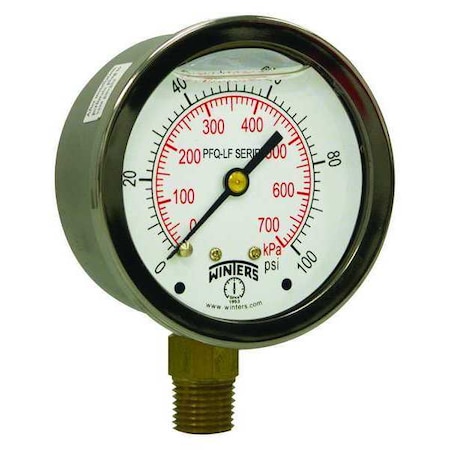 Lead-Free Pressure Gauge, 0 to 100 psi, 2 1/2 in Dial, 1/4 in NPT, Bottom Location MPN:PFQ804LF