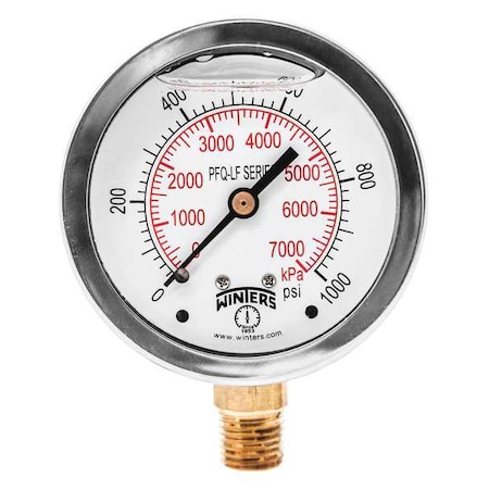 Lead-Free Pressure Gauge, 0 to 1, 000 psi, 2 1/2 in Dial, 1/4 in NPT, Bottom Location MPN:PFQ809LF
