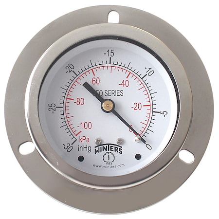 Panel-Mount Vacuum Gauge, 30 to 0 psi, 2 1/2 in Dial, 1/4 in NPT, Center Back Location MPN:PFQ900-DRY-25FF
