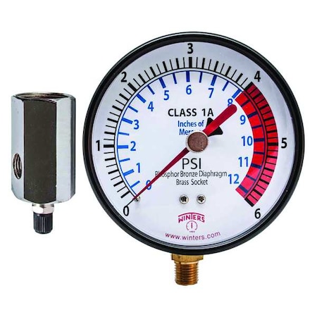 Gas Line Pressure Test Kit, 0 to 6 psi, 4 in Dial, 3/4 in NPT, Bottom Location, Steel Case Material MPN:PGTK314CM