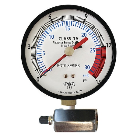 Gas Line Pressure Test Kit, 0 to 15 psi, 4 in Dial, 3/4 in NPT, Bottom Location, Steel Case Material MPN:PGTK315CM