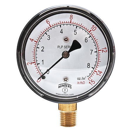 Low Pressure Gauge, 0 to 15 psi, 2 1/2 in Dial, 1/4 in NPT, Bottom Location, Steel Case Material MPN:PLP300