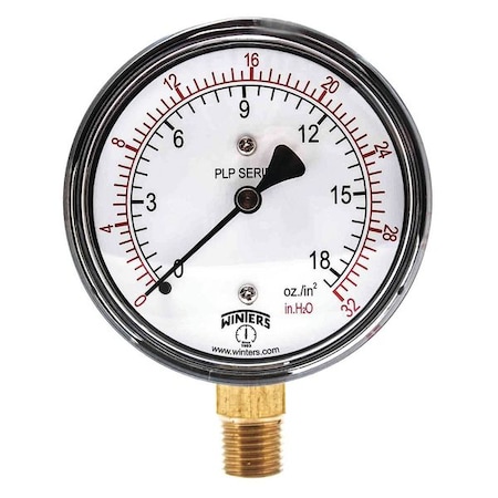 Low Pressure Gauge, 0 to 32 psi, 2 1/2 in Dial, 1/4 in NPT, Bottom Location, Steel Case Material MPN:PLP301