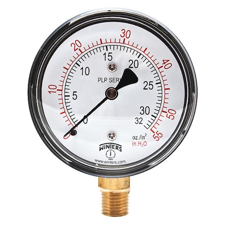 Low Pressure Gauge, 0 to 55 psi, 2 1/2 in Dial, 1/4 in NPT, Bottom Location, Steel Case Material MPN:PLP302