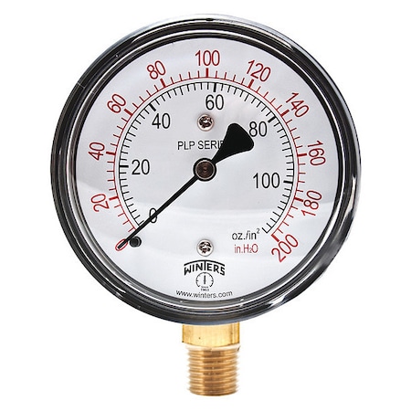 Low Pressure Gauge, 0 to 200 psi, 2 1/2 in Dial, 1/4 in NPT, Bottom Location, Steel Case Material MPN:PLP303