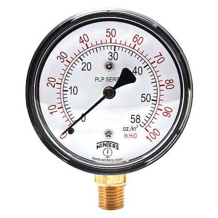 Low Pressure Gauge, 0 to 100 psi, 2 1/2 in Dial, 1/4 in NPT, Bottom Location, Steel Case Material MPN:PLP304