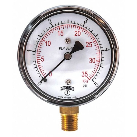 Low Pressure Gauge, 0 to 5 psi, 2 1/2 in Dial, 1/4 in NPT, Bottom Location, Steel Case Material MPN:PLP305