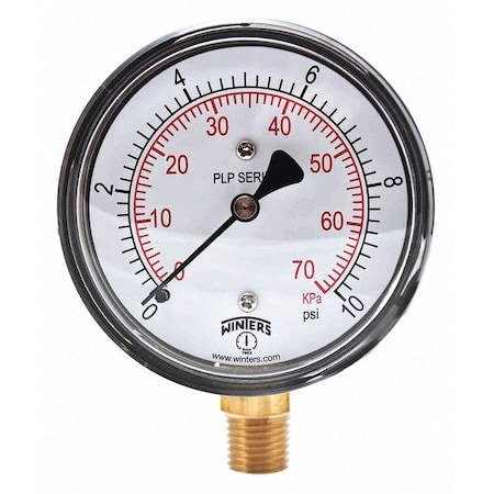 Low Pressure Gauge, 0 to 10 psi, 2 1/2 in Dial, 1/4 in NPT, Bottom Location, Steel Case Material MPN:PLP306