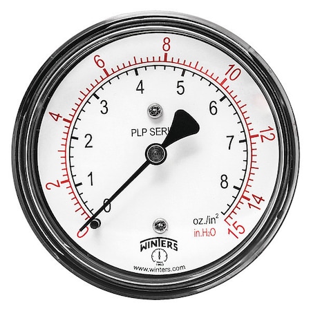 Low Pressure Gauge, 0 to 15 psi, 2 1/2 in Dial, 1/4 in NPT, Center Back Location MPN:PLP340