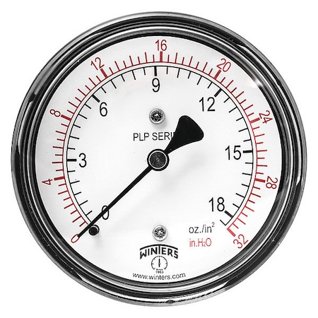Low Pressure Gauge, 0 to 32 psi, 2 1/2 in Dial, 1/4 in NPT, Center Back Location MPN:PLP341