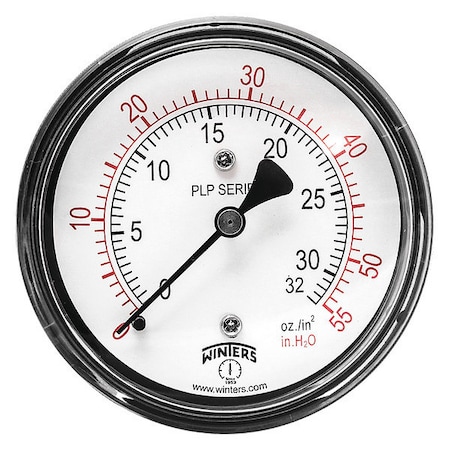 Low Pressure Gauge, 0 to 55 psi, 2 1/2 in Dial, 1/4 in NPT, Center Back Location MPN:PLP342