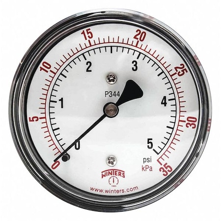 Low Pressure Gauge, 0 to 5 psi, 2 1/2 in Dial, 1/4 in NPT, Center Back Location, Steel Case Material MPN:PLP344