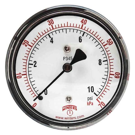 Low Pressure Gauge, 0 to 10 psi, 2 1/2 in Dial, 1/4 in NPT, Center Back Location MPN:PLP345
