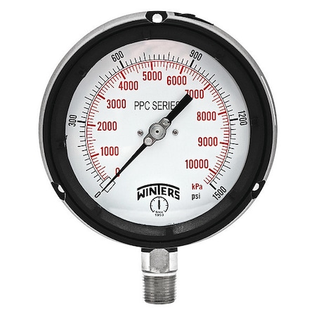 Process Pressure Gauge, 0 to 1, 500 psi, 4 1/2 in Dial, 1/2 in NPT, Bottom Location MPN:PPC5071G-SG45