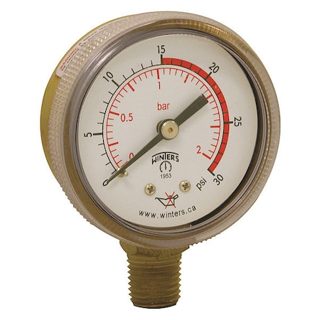 Welding Regulator Pressure Gauge, 0 to 30 psi, 2 in Dial, 1/4 in NPT, Bottom Location MPN:PWL2720