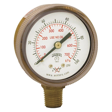 Welding Regulator Pressure Gauge, 0 to 100 psi, 2 in Dial, 1/4 in NPT, Bottom Location MPN:PWL2722