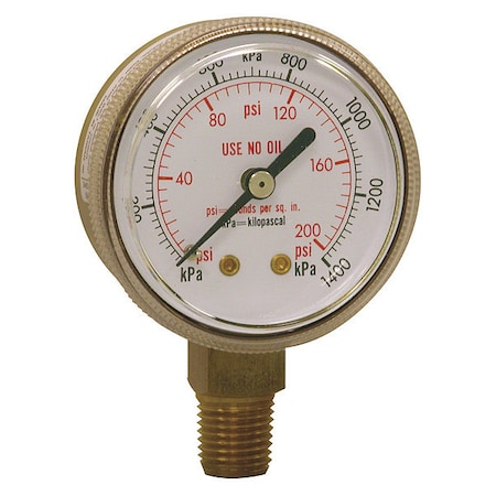 Welding Regulator Pressure Gauge, 0 to 200 psi, 2 in Dial, 1/4 in NPT, Bottom Location MPN:PWL2724