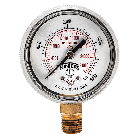 Welding Regulator Pressure Gauge, 0 to 4, 000 psi, 2 in Dial, 1/4 in NPT, Bottom Location MPN:PWL2732