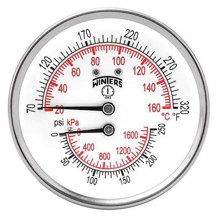 Tridicator 3 0/250 psi/Kpa 70/320 F/C, Cb, 3 in Dial, 1/2 in NPT Back Location, Steel Case Material MPN:TTD398