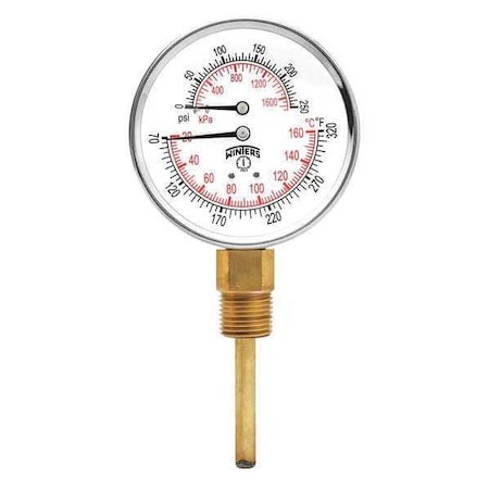 Tridicator 3 0/250 psi/Kpa 70/320 F/C, Lm, 3 in Dial, 1/2 in NPT Bottom Location, Steel Case Material MPN:TTD399