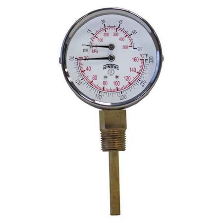Tridicator 3 0/75 psi/Kpa 70/320 F/C, Lm, 3 in Dial, 1/2 in NPT Bottom Location, Steel Case Material MPN:TTD403
