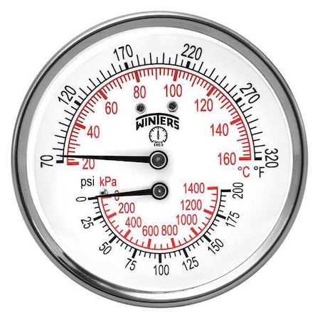 Tridicator 3 0/200 psi/Kpa 70/320 F/C, Cb, 3 in Dial, 1/2 in NPT Back Location, Steel Case Material MPN:TTD407