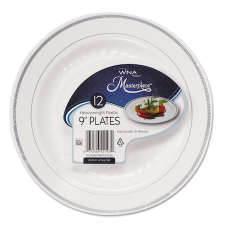 Masterpiece Plastic Dinnerware, White/Silver, 9