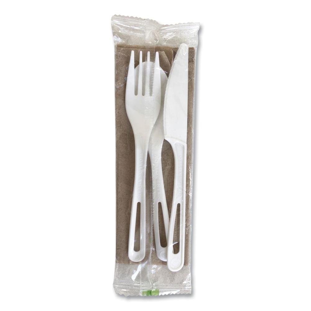 World Centric TPLA Compostable Cutlery, Fork/Knife/Spoon/Napkin, White, Carton Of 250 Kits MPN:AS-PS-TNL