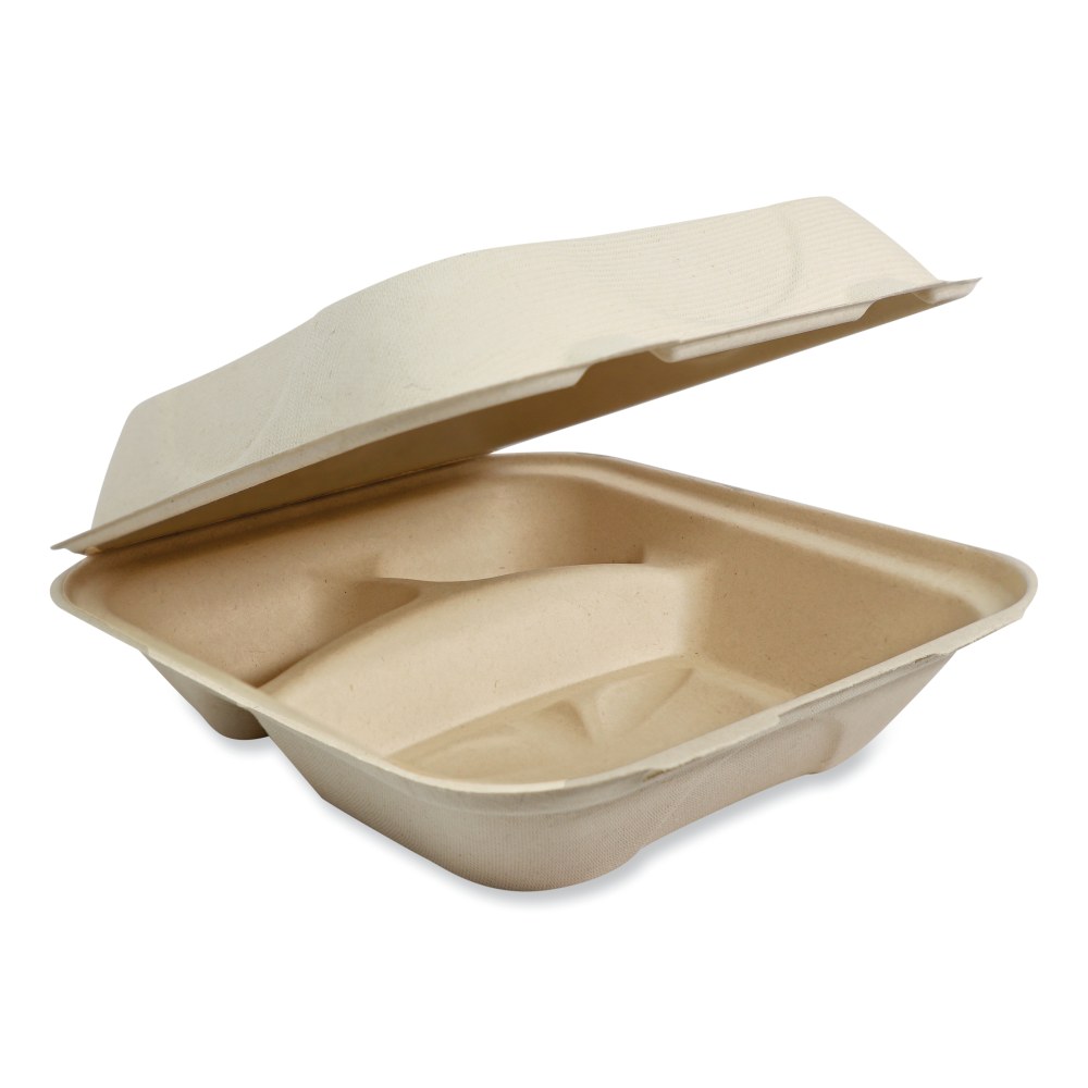 World Centric Fiber Hinged Containers, 2-15/16inH x 8-13/16inW x 8-1/4inD, Natural, Pack Of 300 Containers, TOSCU8TLFP MPN:TO-SC-U8T-LFP