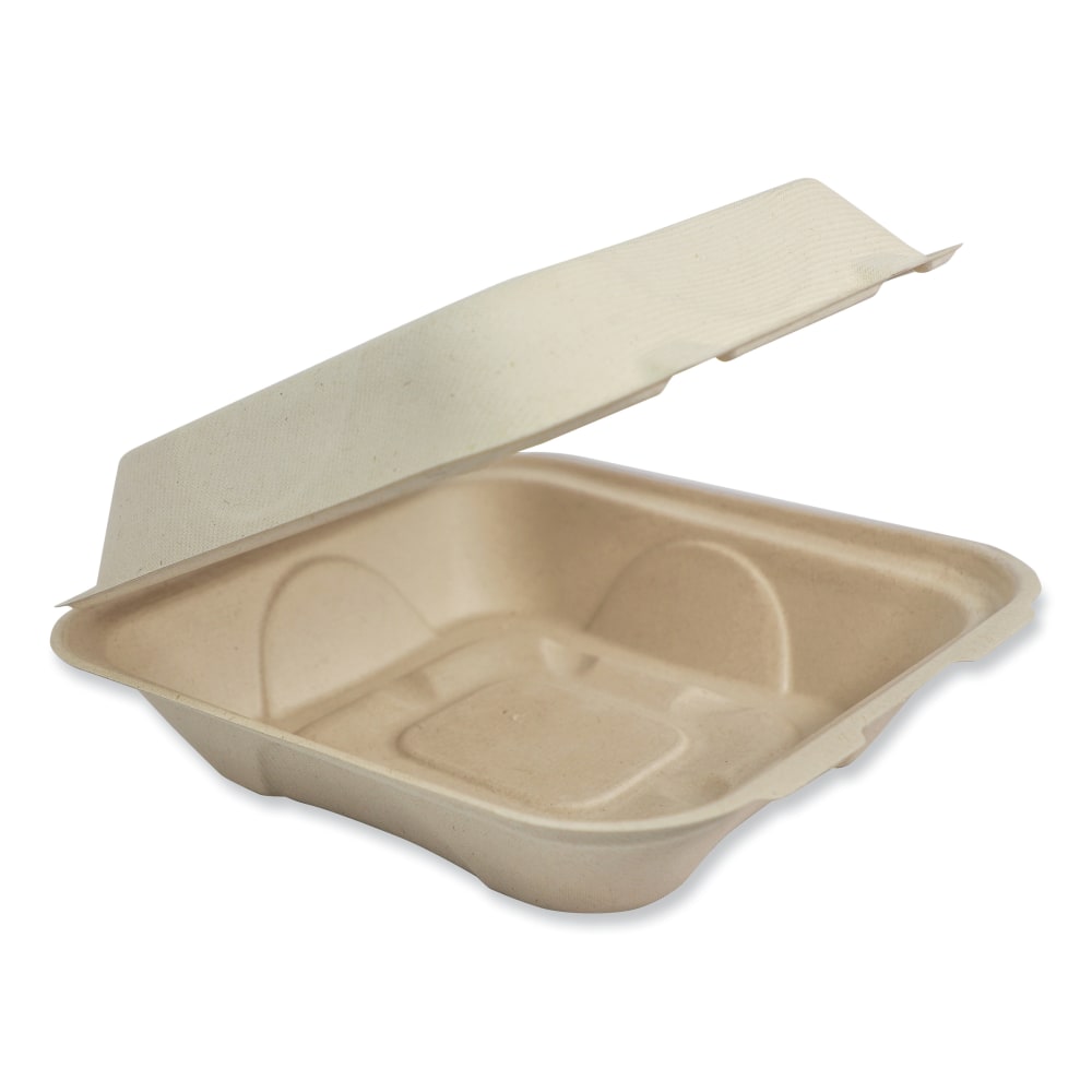 World Centric Fiber Hinged Containers, 3-1/4inH x 9-1/4inW x 9-1/8inD, Natural, Pack Of 300 Containers MPN:TO-SC-U9-LFP