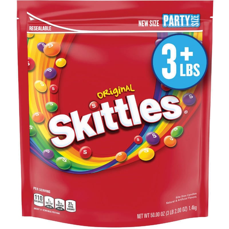 Skittles Original Party Size Bag - Orange, Lemon, Green Apple, Grape, Strawberry - Resealable Container - 3 lb - 1 Each (Min Order Qty 4) MPN:28092