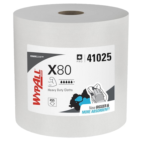 WypAll PowerClean X80 Heavy Duty Cloths 41025, Jumbo Roll, Extended Use Towels, White, 455 Sheets/Roll MPN:41025