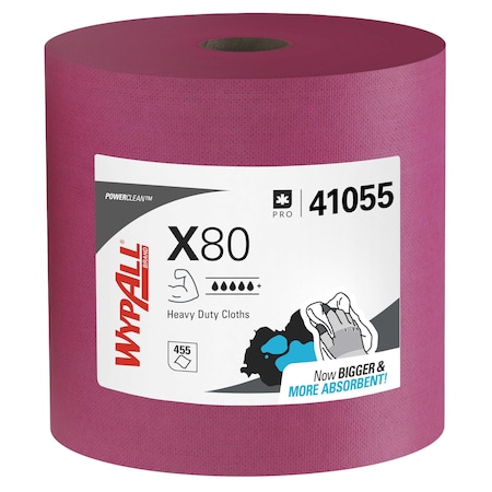 WypAll PowerClean X80 Heavy Duty Cloths (41055), Jumbo Roll, Extended Use Towels, Red MPN:41055