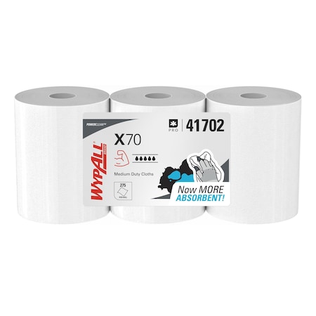 Power Clean X70 Medium Duty Cloths, Center Pull Roll, Long Lasting, White, 3 PK MPN:41702