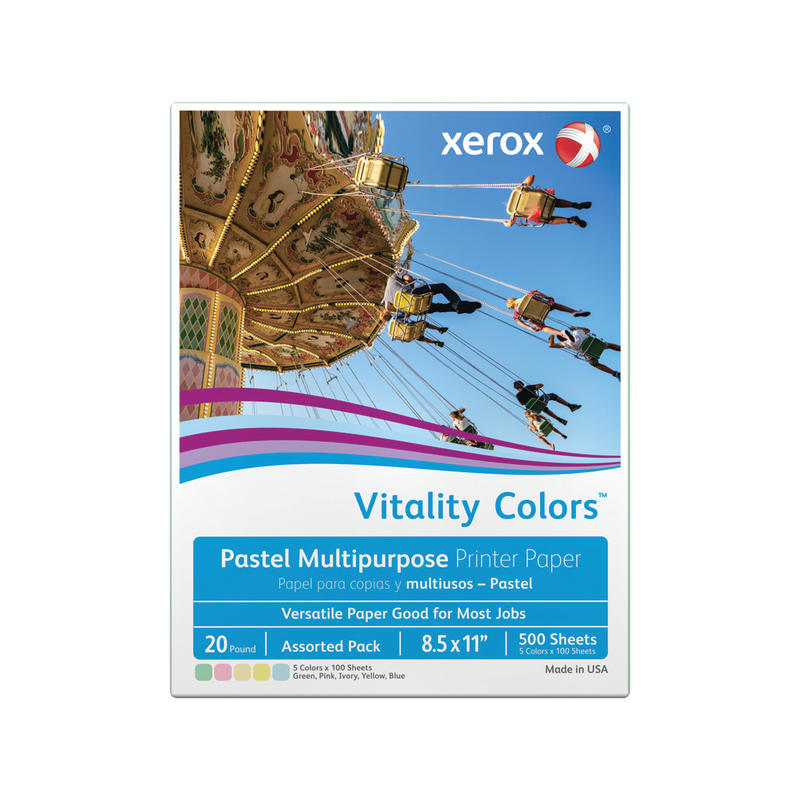 Xerox Vitality Colors Color Multi-Use Printer & Copy Paper, Assorted Pastels, Letter (8.5in x 11in), 500 Sheets Per Ream, 20 Lb, 30% Recycled (Min Order Qty 7) MPN:3R11521