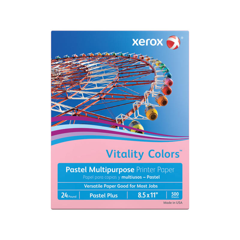 Xerox Vitality Colors Pastel Plus Color Multi-Use Printer & Copy Paper, Pink, Letter (8.5in x 11in), 500 Sheets Per Ream, 24 Lb, 30% Recycled (Min Order Qty 7) MPN:3R11636