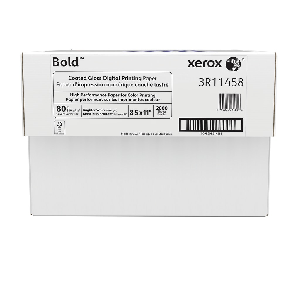 Xerox Bold Digital Coated Gloss Printing Paper, Letter Size (8 1/2in x 11in), 94 (U.S.) Brightness, 80 Lb Cover (210 gsm), FSC Certified, 250 Sheets Per Ream, Case Of 8 Reams MPN:3R11458-CT