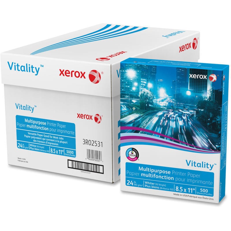 Xerox Vitality Multi-Use Printer & Copy Paper, White, Letter (8.5in x 11in), 5000 Sheets Per Case, 24 Lb, 92 Brightness,  FSC Certified, Case Of 10 Reams MPN:3R02531
